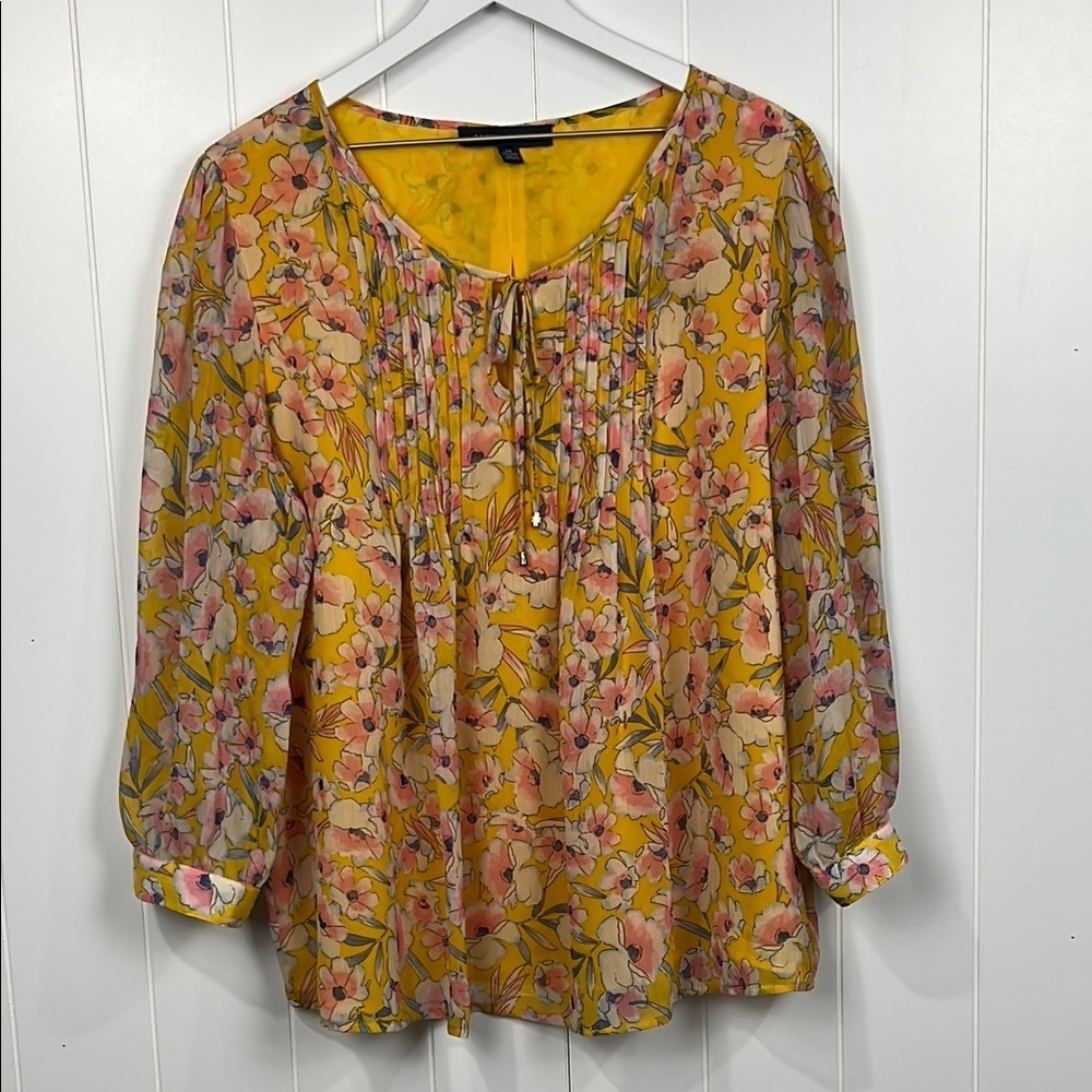 Tommy Hilfiger Womens Top XXL Yellow Pink Blue 3/4 Balloon Sleeves Floral Poly